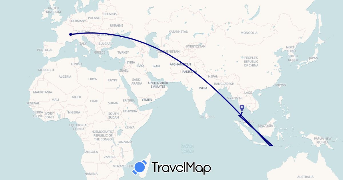 TravelMap itinerary: driving in Switzerland, Indonesia, Thailand (Asia, Europe)